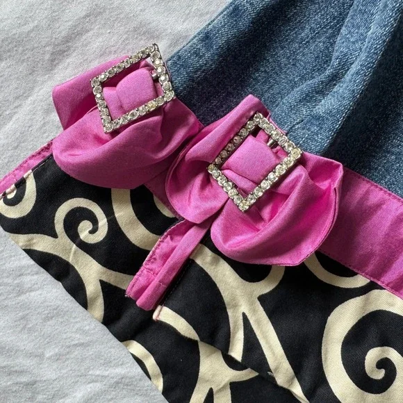 Too She She Y2K Cropped Jeans Pink Silk Belt Rhinestone Buckle Womens 6 Blue - Picture 6 of 12